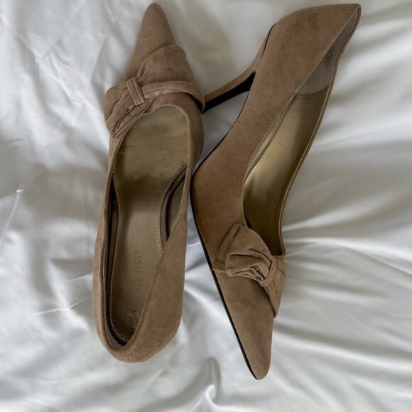 Nine West Suede Stiletto Pumps Heels Tan Brown Slip On Pointed Toe Bow - Picture 3 of 8